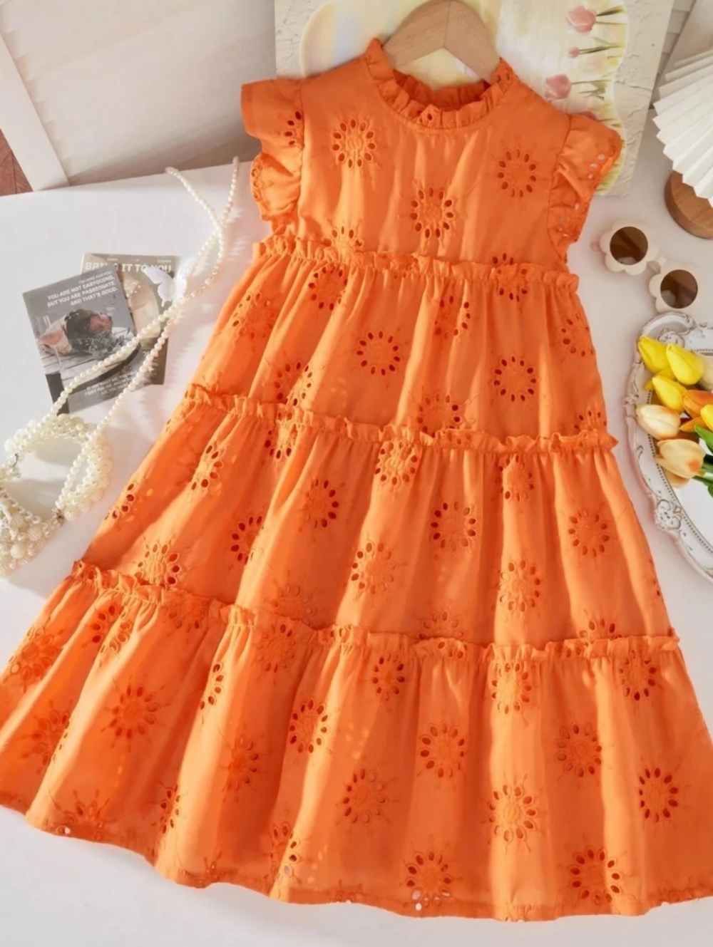 Orange Eyelet Tiered Kids Dress Shein Sz 8